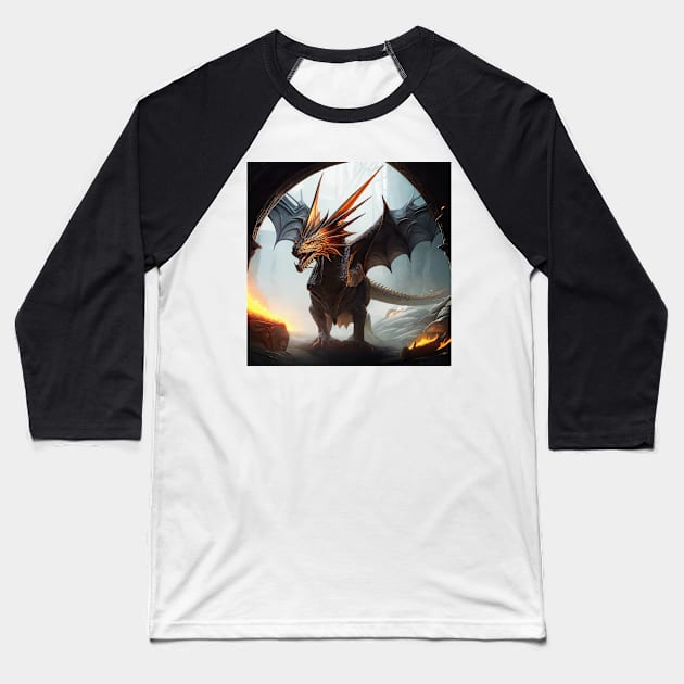 Evil Dragon with Metallic Wings in a Cave Baseball T-Shirt by dragynrain